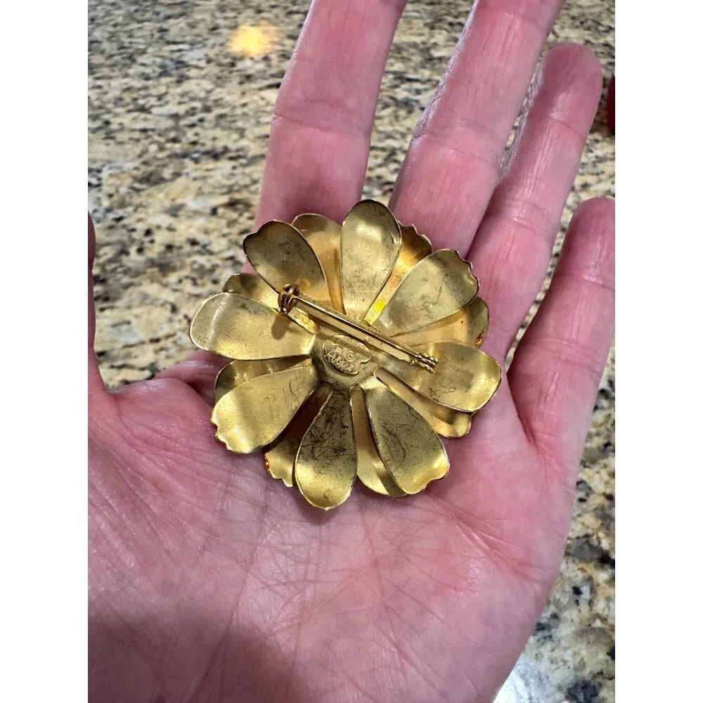 Vintage 1960 Robert Original Orange Enamel Flower Brooch Retro Statement Jewelry - Picture 4 of 5